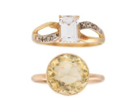 Two 9k yellow gold rings. Including a round mixed-cut citrine solitaire ring, diameter 10mm, size L, stamped 375; and a recta