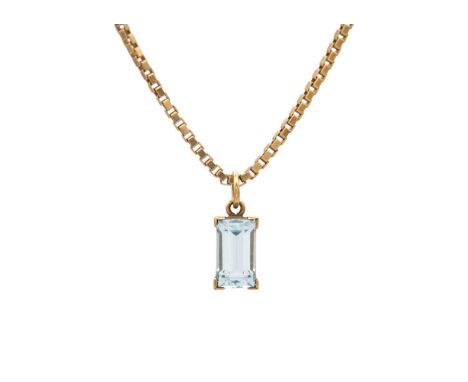 A 9k gold aquamarine pendant on a box chain. The rectangular-shaped step-cut aquamarine is 10mm x 5mm, London hallmark, the c