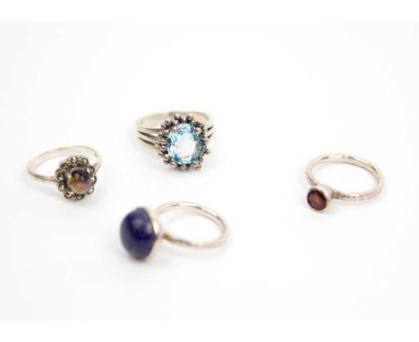 A selection of silver rings. Including Blue John Cabochon with marcasites cluster ring, size N1/2, a round cabochon Lapis Laz