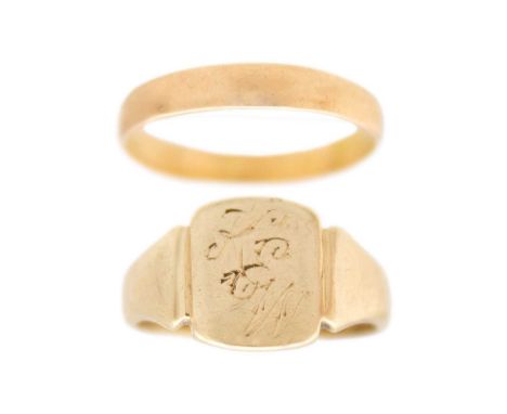 A selection of two gold rings. Including a 9k gold vintage signet ring with engraved initials, London hallmarked, size H, 2.4