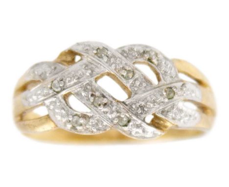 A 9k yellow gold diamond knot ring. The widest part of the band is 9mm, decorated with melee white diamonds, Birmingham hallm