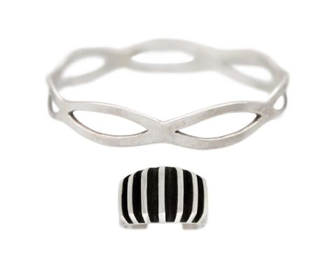 A Norwegian Modernist sterling silver torque ring by Anna Greta Eker, and a silver bangle. The ring is stamped 925S, sterling