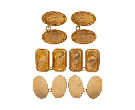 Three pairs of 9k gold cufflinks. Of plain, engine turned, and engraved design, stamped 9k, 14.5g.