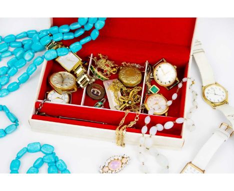 A selection of costume jewellery and watches. To include a silver hallmarked engine turned money clip by Mappin &amp; Webb, a