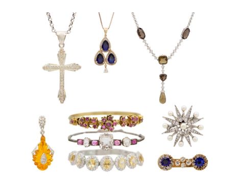 A selection of silver jewellery. Including a large cross on the belcher chain, 30", synthetic blue sapphire pendant necklace,