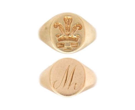 Two 9k gold ladies' signet rings. One has a monogram and inner inscription 'Minack', size F; and a 'Prince of Wales three fea