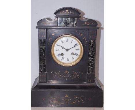Belgium slate mantle clock with marble columns, key &amp; pendulum Height 35 cm 