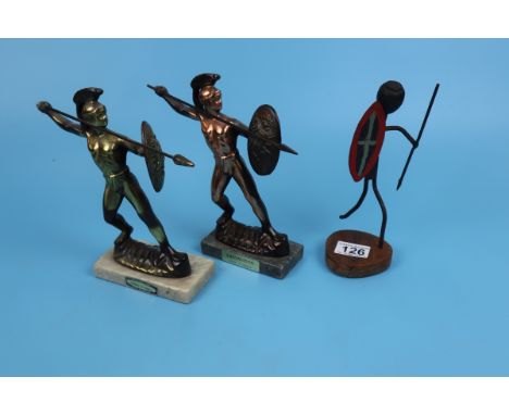 2 Greek centurion figures &amp; metal stick man figure