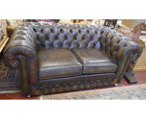 Conker brown leather button back 2 seater Chesterfield