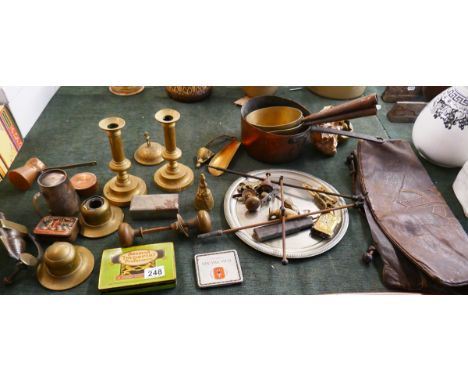Collection of metalware to include early knocker &amp; brown leather bag