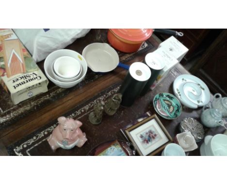 A Nat West piggy together with two House of Wentworth figures; a Caithness glass vase and perfume atomiser 