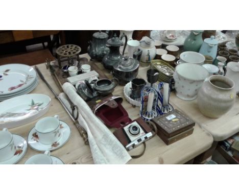 A quantity of silver plated ware; an inlaid trinket box; a brass toasting fork; a trivet stand; a camera etc.
