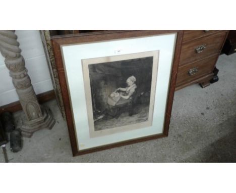 A pencil signed black and white etching depicting mother and child 