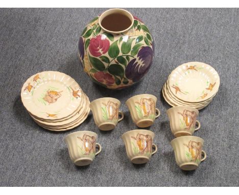 WADE EARTHENWARE 'DOG &amp; PHEASANT' PATTERN TEA SET COMPRISING SIX CUPS, SIX SAUCERS, AND SIX PLATES (DIA. 16.8 CM) AND A H