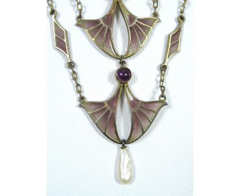 FRENCH SILVER GILT ART NOUVEAU 'PLIQUE A JOUR' PENDANT NECKLACE WITH AMETHYST ENAMEL AND AMETHYST CABOUCHONS, WITH A MOTHER O