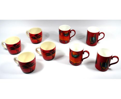 FOUR POOLE POTTERY 'AFRICAN SKY' PATTERN MUGS (H. 9 CM) AND FOUR 'VOLCANO' PATTERN MUGS (H. 10.7 CM) 