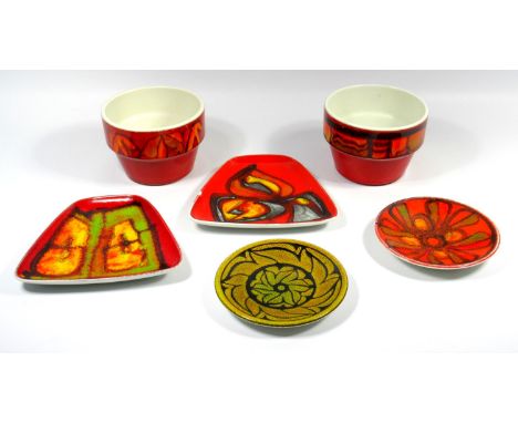 TWO POOLE POTTERY 'DELPHIS' STYLE POTS No. 72 (H.8.7 CM), TWO DISHES No. 81, A SAUCER DISH No.49 (DIA. 12.8 CM)  AND A 'AEGEA