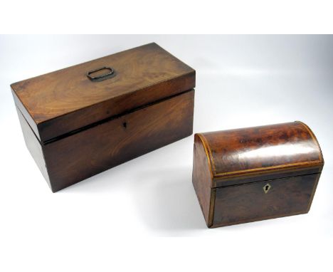 GEORGE III MAHOGANY RECTANGULAR TEA CHEST CASE (14.8 X 30.5 X 15 CM) AND A VICTORIAN BURR YEWWOOD TOP TEA CADDY, WITH INLAID 