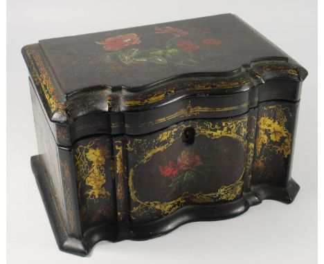 VICTORIAN PAPIER MACHE RECTANGULAR TEA CADDY WITH A SHAPED SERPENTINE FRONT, PAINTED WITH FLORAL AND GILT DECORATION, THE HIN