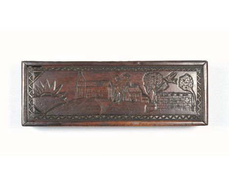 LATE 18TH CENTURY RARE SCOTTISH CARVED RECTANGULAR BETROTHAL BOX IN MAHOGANY AND OTHER HARDWOODS, THE BACK WITH INSCRIPTION '