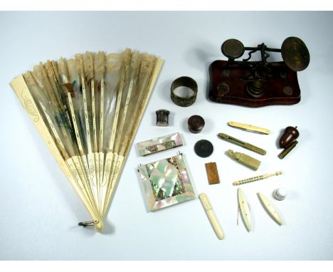LATE VICTORIAN MOTHER OF PEARL AND ABALONE CARD CASE(10.5 X 8 CM) CARVED IVORY FAN (L. 35.2 CM) POST SCALES WITH FOUR BRASS W