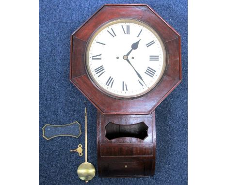VICTORIAN DROP-DIAL WALL CLOCK WITH A PAINTED CIRCULAR DIAL ENCLOSING A FUSEE 8 DAY MOVEMENT STRIKING ON A BELL, IN A MAHOGAN