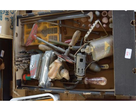 BOX CONTAINING VARIOUS TOOLS INCLUDING HAND DRILLS ETC