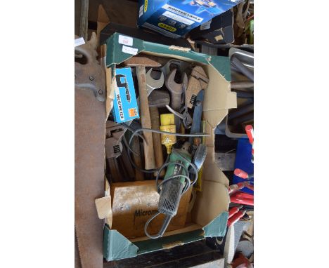 BOX CONTAINING VARIOUS TOOLS INCLUDING WRENCHES, MICROMETER ETC