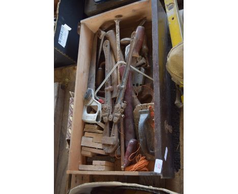 BOX CONTAINING VARIOUS TOOLS, IRONMONGERY ETC