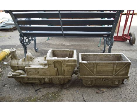 COMPOSITION PAIR OF GARDEN PLANTERS FORMED AS STEAM ENGINE AND TENDER