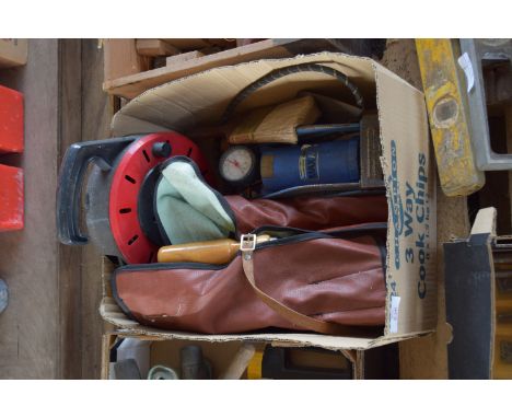 BOX CONTAINING FOOT PUMP, OTHER TOOLS ETC