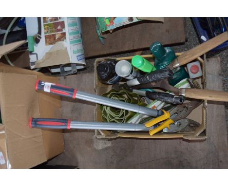 BOX CONTAINING GARDEN TOOLS  