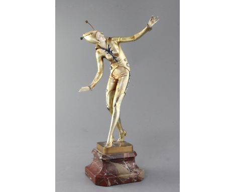 Ferdinand Preiss (1882-1943). An Art Deco patinated bronze and ivory figure 'Champagne Dancer', standing holding a goblet, si