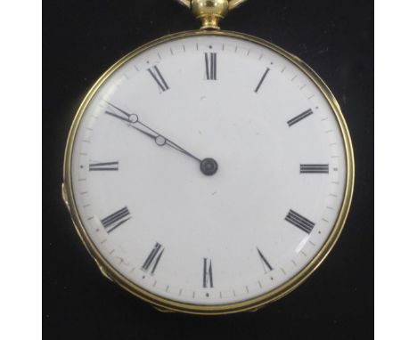 An early 20th century Swiss 18kt gold keywind cylinder fob watch with enamelled portrait of a reclining lady, and Roman dial.
