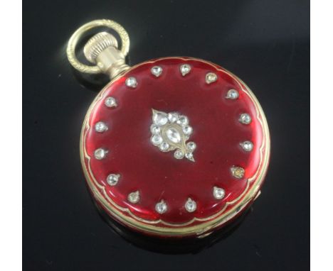 A continental 18ct gold red enamel and rose cut diamond set keyless dress fob watch, with Roman dial and subsidiary seconds.