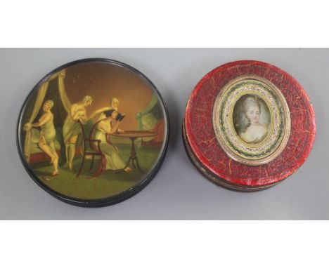 A 19th century Stobwasser style snuff box, decorated with ladies in a dressing room,. 3.75in., and a Carton Pierre snuff box 
