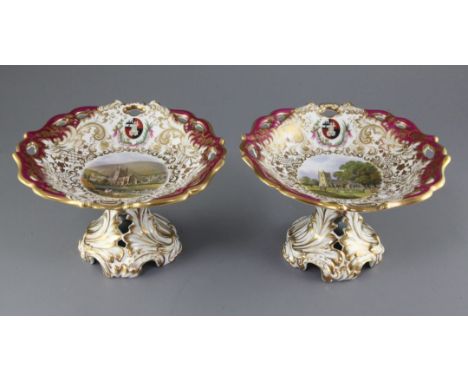 A rare pair of George Grainger & Co. Worcester topographical dessert comports, c.1846, each piece finely painted in enamel co