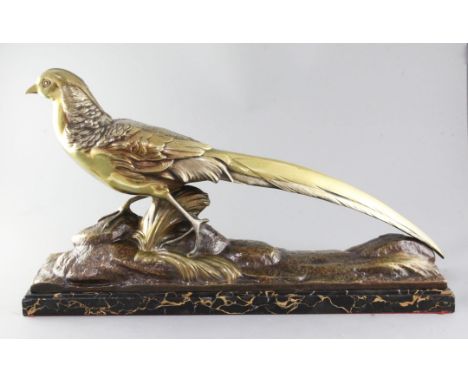 R. Pollin. A French Art Deco patinated bronze model of a pheasant, signed, on naturalistic base with marble plinth, width 26i