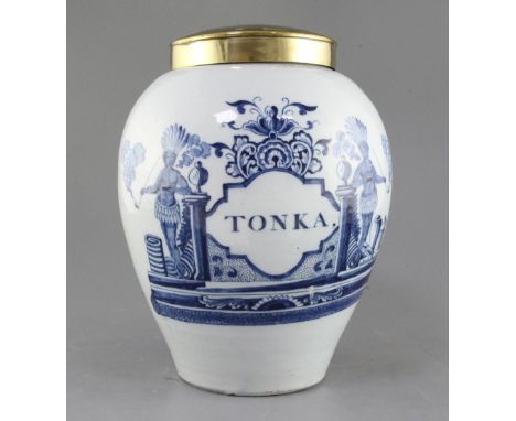 A Dutch delft blue and white tobacco jar, late 18th century, the ovoid body painted with two Indians smoking calumets, flanki