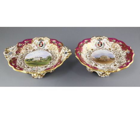 Two rare George Grainger & Co. Worcester topographical low footed dessert dishes, c.1846, each piece finely painted in enamel