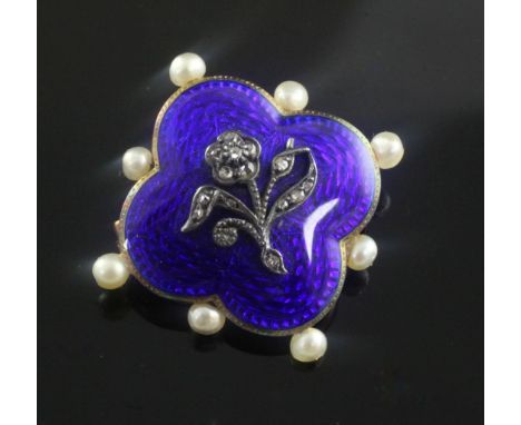 An Edwardian gold, blue enamel, rose cut diamond and seed pearl set pendant brooch, of quatrefoil shape with central rose mot