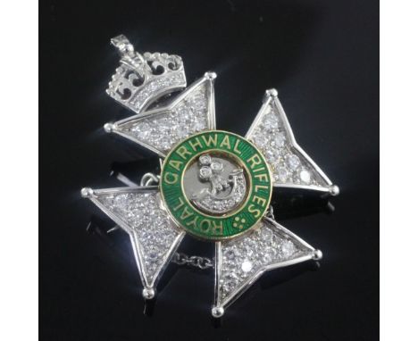 A modern 18ct white gold, diamond and two colour enamel Royal Garhawl Rifles brooch, 1.5in.