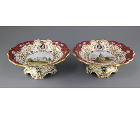 A rare pair of George Grainger & Co. Worcester topographical low footed dessert dishes, c.1846, each piece finely painted in 