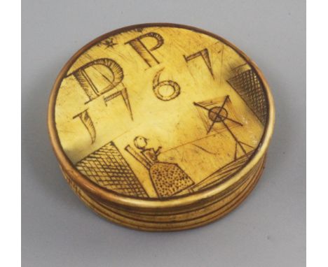 A George III horn snuff box, engraved a woman winding wool and initialled DP 1767, 3in.