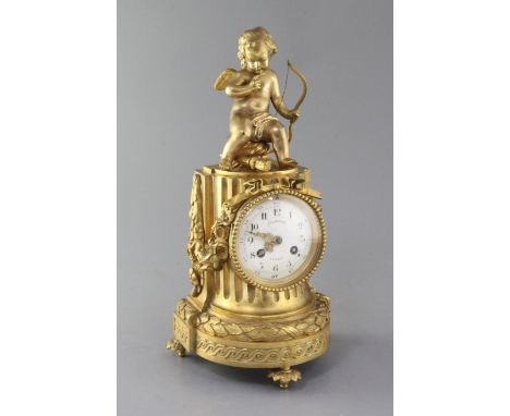 A late 19th century French ormolu mantel clock, by Lachenal of Paris, surmounted with a figure of Cupid, countwheel movement 