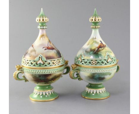Two Hadley ware tear drop shaped pot pourri, covers and inner covers, c.1900, each decorated with pheasants amid pine, one si