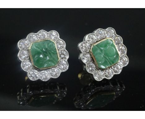 A pair of 14ct gold, carved jade and diamond set square earrings, 16mm.