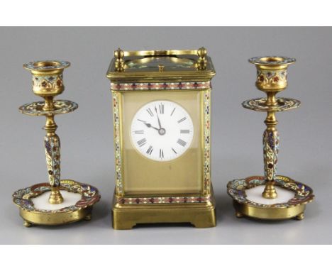 An early 20th century Richard & Co brass hour repeating carriage clock, with champleve enamel decoration, no.129, 6.25in., wi