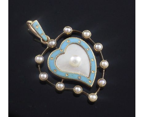 An Edwardian gold, enamel and seed pearl wavy heart shaped pendant, 1.25in.