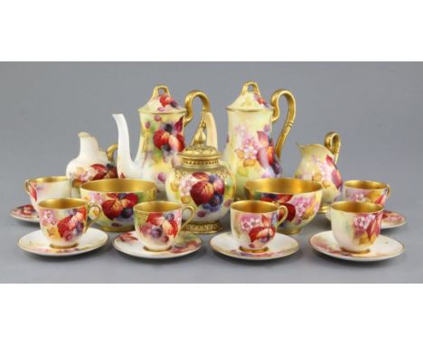 A group of Royal Worcester Autumnal fruit painted coffee wares and a similar pot pourri and cover, each painted by Kitty Blak